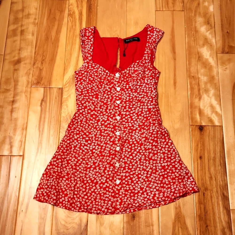 Cute Red Sleeveless Short Flare Dress with White Floral Print